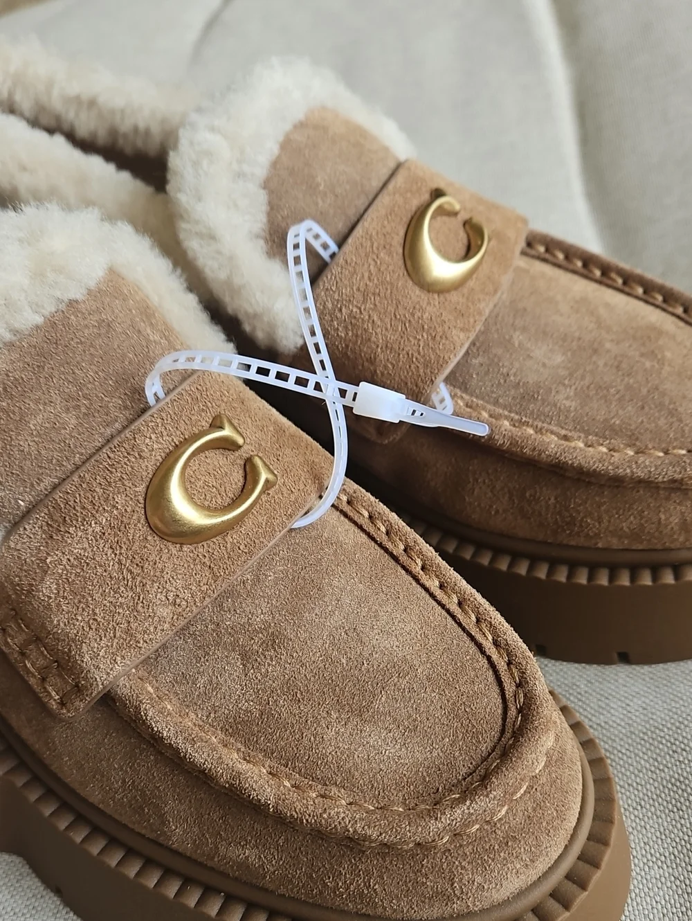 Coach Leah Platform Lug Sole Loafer Suede & Shearling Upper Coconut/Natural, 7